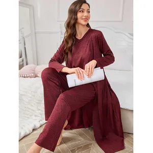 Elegant 3-piece burgundy loungewear set with V-neck top, pants, and long cardigan