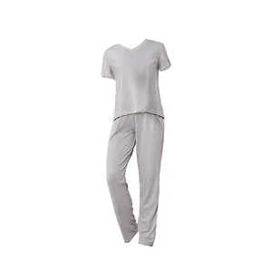 Women's grey V-neck short sleeve pajama set, loose fit two-piece loungewear suit