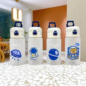 Set of four cute frosted glass water bottles with various astronaut cartoon designs.