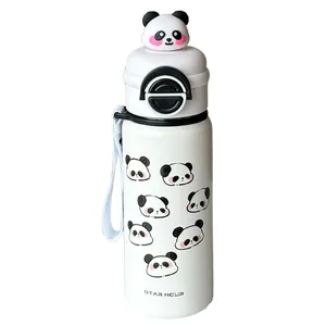 Süße Panda-Themen weiße Edelstahl-Thermoskanne für Schüler mit tragbarem Gurtband-Design