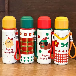 Set of four cute Christmas themed stainless steel insulated water bottles with carry loops