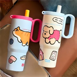 Großer Edelstahl-Thermobecher mit Griff und Strohhalm, niedliches Cartoon-Tier-Design.