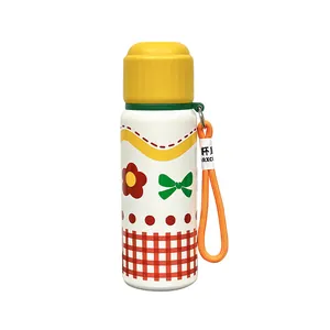 Cute floral stainless steel thermos with yellow cap and orange carry strap for kids