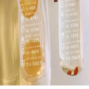 Detailed close-up of motivational time markings on a large-capacity plastic water bottle.