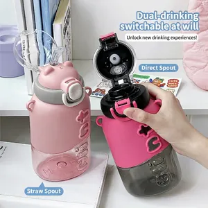 Portable Dual Drink Water Bottle For Kids Student High Appearance Plastic Straw Bottle Anti Fall Travel School Outdoor Drinkware