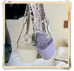 Detail of minimalist plastic water bottles with protective sleeves and patterned straps