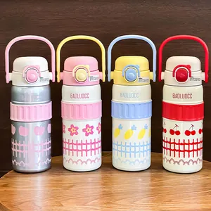 Set of four large capacity 316 stainless steel insulated water bottles with straw and handle