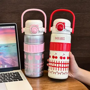 Portable 316 stainless steel insulated water bottle with cute pattern, handle and straw