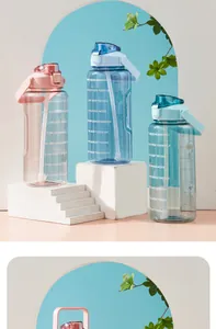 Nahaufnahme von großen Kunststoff-Wasserflaschen mit motivierenden Zeitmarkierungen und Strohhalm