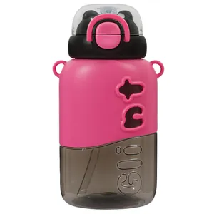 Pink children's portable water bottle with dual-drinking straw and cute ears