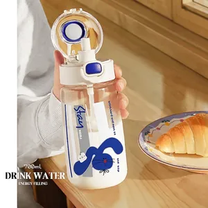 Gourde transparente de 700ml avec paille et motif de lapin bleu mignon pour les étudiants