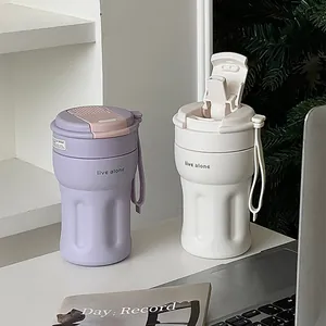 Ins Style Minimalist Stainless Steel Insulated Coffee Cup With Straw Portable Handle Niche Vacuum Flask For Cold Hot Drink Office Outdoor Women