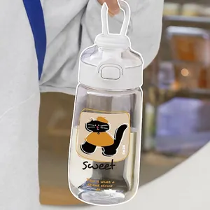 Gourde transparente avec paille et motif chat mignon, style ins portable avec poignée