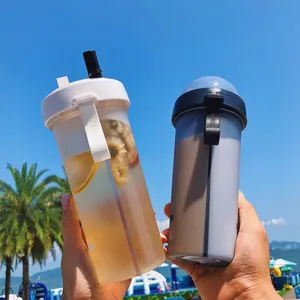 Creative Dual Drinking Cup Korean Style Double Straw Portable Plastic Water Bottle Compartmentalized Leakproof Tumbler For Couples Outdoor Travel School