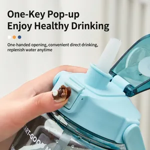 Große transparente Sport-Wasserflasche aus Kunststoff mit Strohhalm und Ein-Klick-Deckel