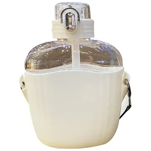 Modern minimalist plastic water bottle with drinking straw and adjustable carry strap
