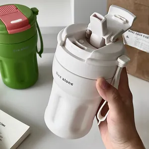 Minimalist ins style portable insulated coffee mug with built-in straw and carry handle