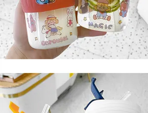 Detailed close-up of cute cartoon stickers on glass coffee cup with heat sleeve