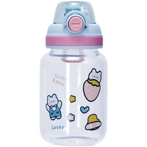 Adorable rabbit themed water bottle with pink and blue flip-top lid for kids and students