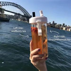 Creative dual-straw portable plastic cup for couples in outdoor waterfront setting