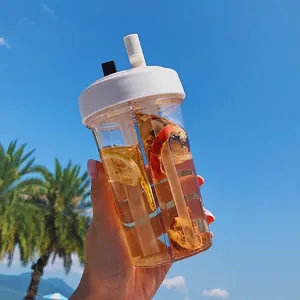 Clear dual-straw portable plastic water bottle for couples with leak-proof lid
