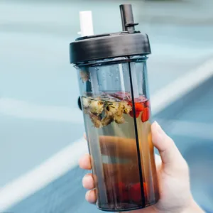 Portable dual compartment plastic water bottle with double straws for couples and tea infusions