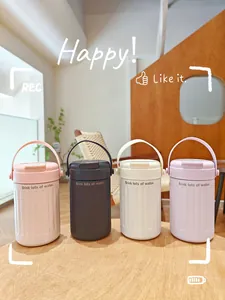 Set of four stylish pastel stainless steel insulated water bottles with convenient carry handles.