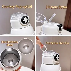Gourde isotherme en acier inoxydable blanc avec paille et couvercle pour étudiants