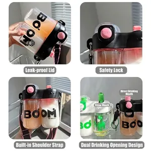 Gourde créative en plastique à double compartiment avec paille et bandoulière