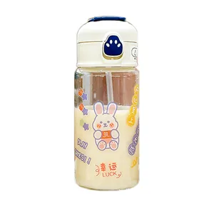 Cute cartoon glass water bottle with straw and bunny design, portable student cup