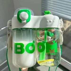 Gourde créative à double compartiment avec paille et bandoulière, vert et blanc