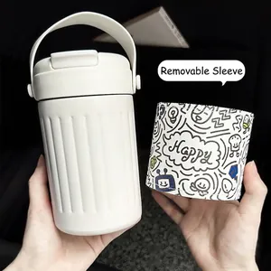 Tazza termica portatile in acciaio inossidabile bianco con custodia graffiti rimovibile