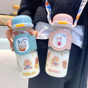 Cute Korean style glass water bottle with insulated sleeve and colorful shoulder strap