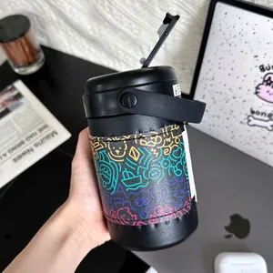 Tazza da caffè sottovuoto in acciaio inox con graffiti e custodia in pelle portatile