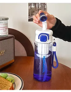 Detailaufnahme des Klappdeckels einer blauen tragbaren Sport-Wasserflasche