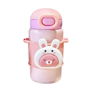 Gourde isotherme rose pour enfants avec motif de lapin mignon et paille intégrée