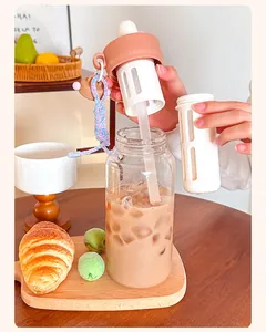 Nahaufnahme der süßen Glaswasserflasche mit abnehmbarem weißem Teesieb und Infuser