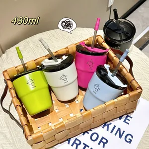 Ins Style Stainless Steel Coffee Mug Dual Drink Straw Vacuum Insulated Cup For Office Home Couple Portable Water Bottle