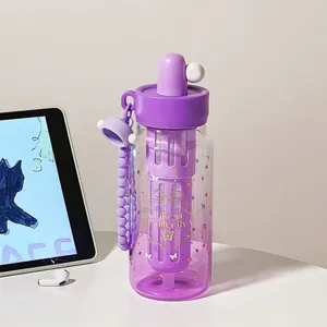 Detailansicht einer lila Farbverlauf-Wasserflasche aus Glas mit Schmetterlingsmotiv