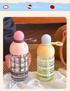 Detailed view of creative heat-resistant glass water bottles with straws and ball lids.