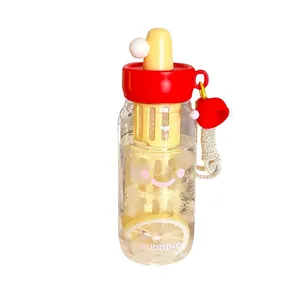 Niedliche Glas-Teeflasche mit Smile-Motiv, rotem Deckel und gelbem Teesieb