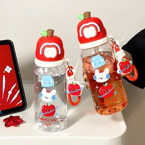 Bouteille d'Eau Créative en Forme de Pomme Avec Paille en Plastique Tritan Tasse à Double Boisson Portable Étanche pour Étudiants École Enfants Femmes