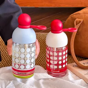 Creative High Appearance Borosilicate Glass Water Bottle With Straw Heat Resistant Portable Polka Dot Pattern Student Cup