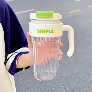 Detailed view of a stylish minimalist clear plastic water bottle featuring a green handle lid