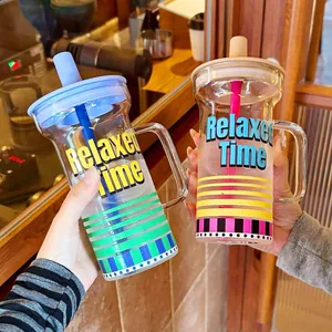 Gobelet en Verre Borosilicaté Avec Poignée Et Paille Résistant À La Chaleur Grande Capacité Motif À Rayures Bouteille D'eau Bureau Maison Femme