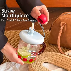 Aesthetic dopamine style glass water cup with handle and straw for office and home use
