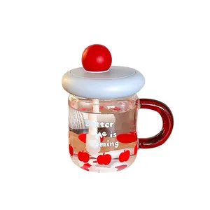 Creative glass water cup with straw and cute apple pattern for home and office use