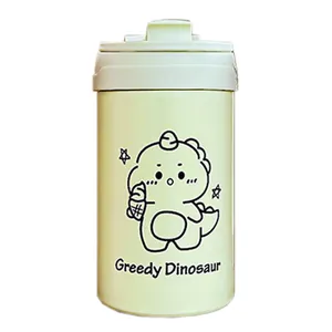 Niedliche isolierte Edelstahl-Wasserflasche mit Cartoon-Dinosaurier und Strohhalm