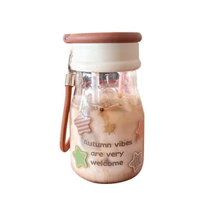 Gourde esthétique en verre portable avec couvercle double boisson et design d'automne