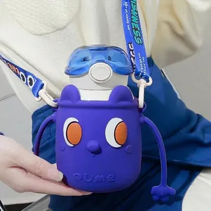 Gourde isotherme en acier inoxydable pour enfants, motif monstre violet avec bandoulière